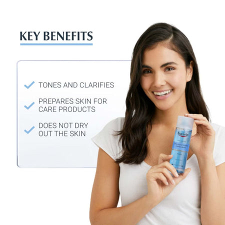 Woman holding a skincare product with key benefits listed on a white background