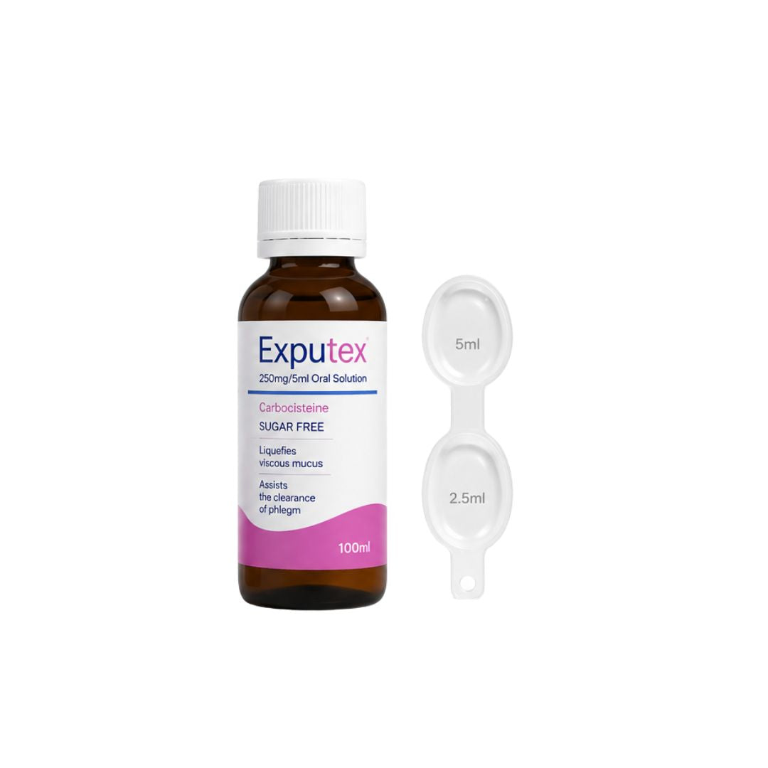 Exputex 250mg/5ml Oral Solution 100ml bottle on a white background with a measure next to it