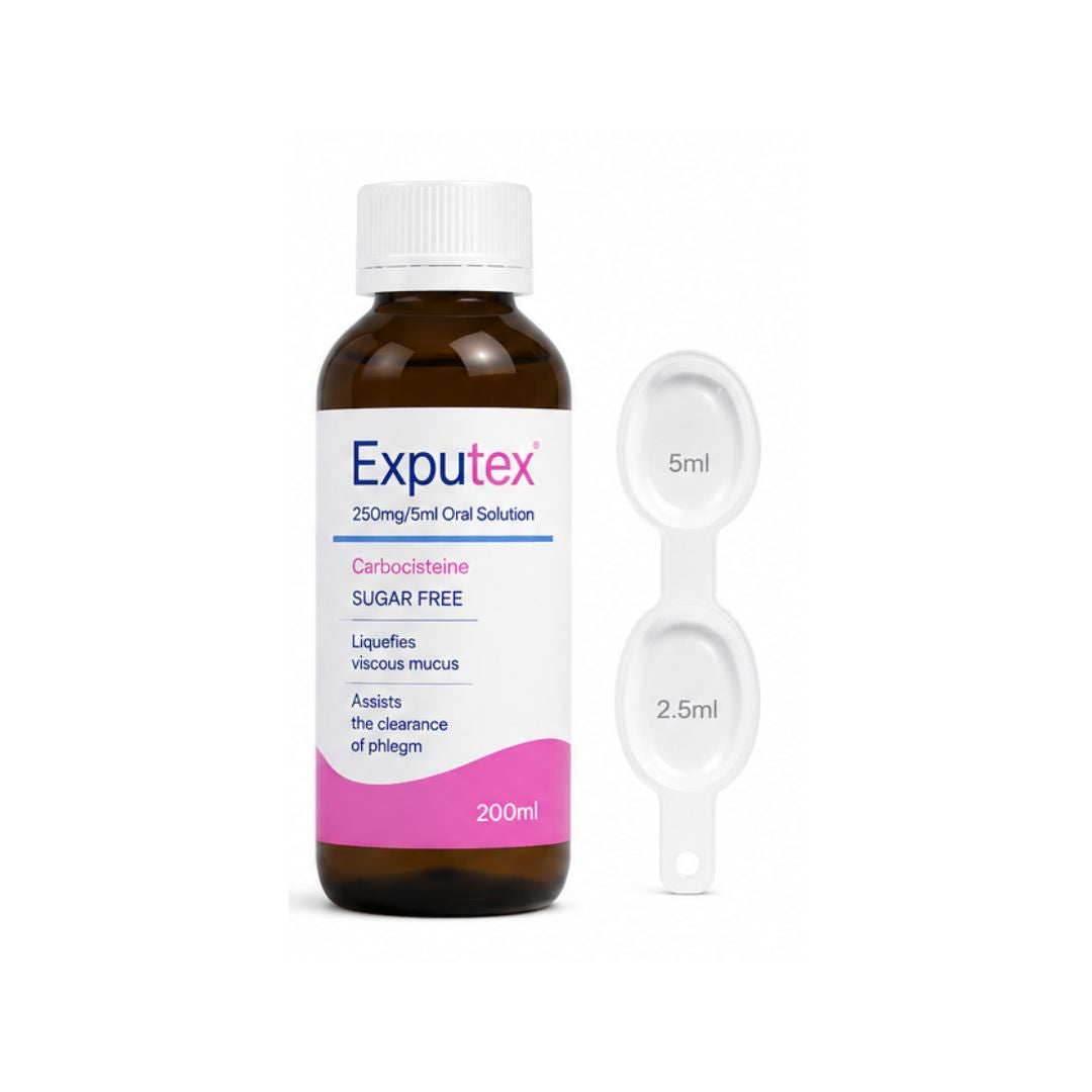 Exputex 250mg/5ml Oral Solution 200ml bottle and measure on a white background