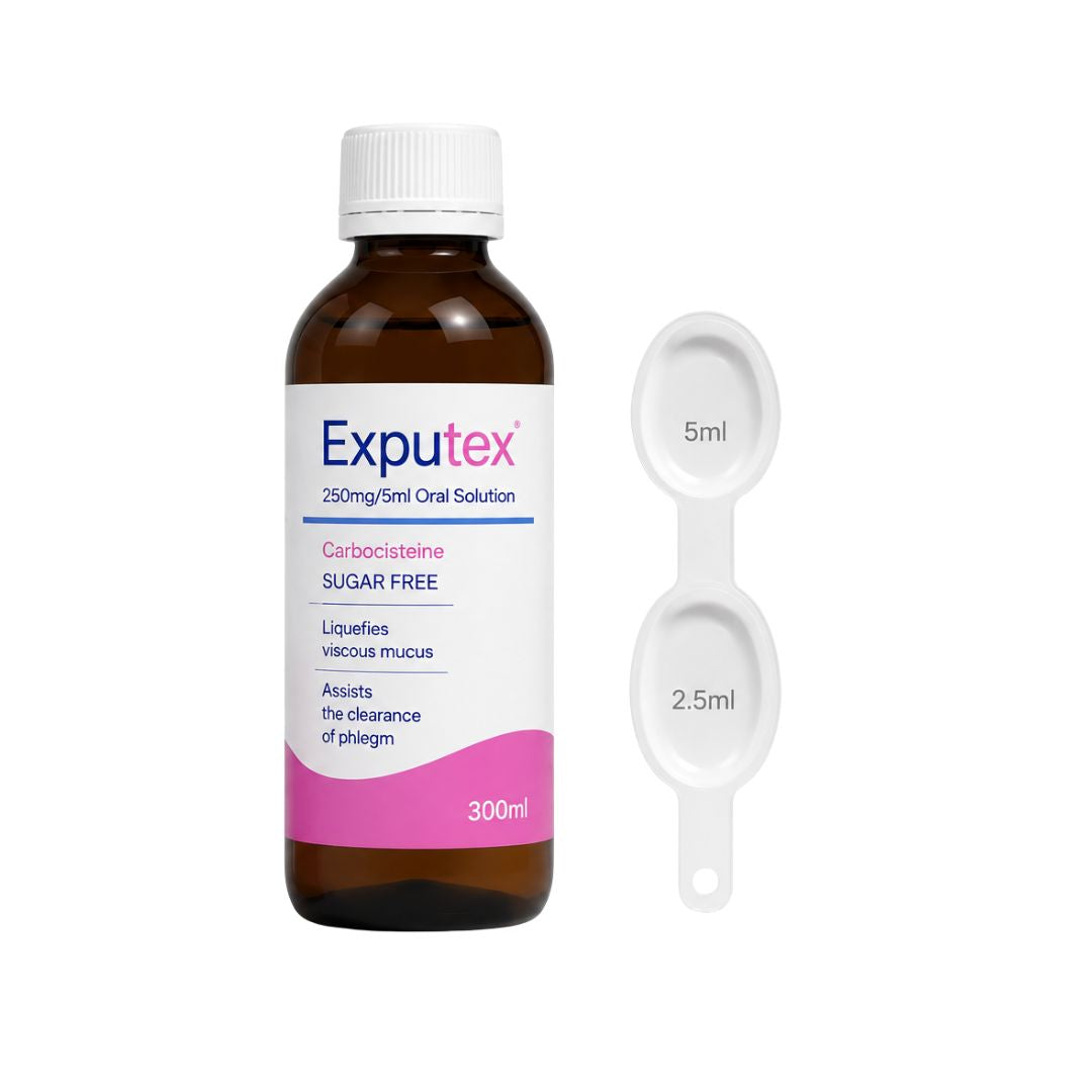 Exputex 250mg/5ml Oral Solution 300ml bottle and measure on a white background