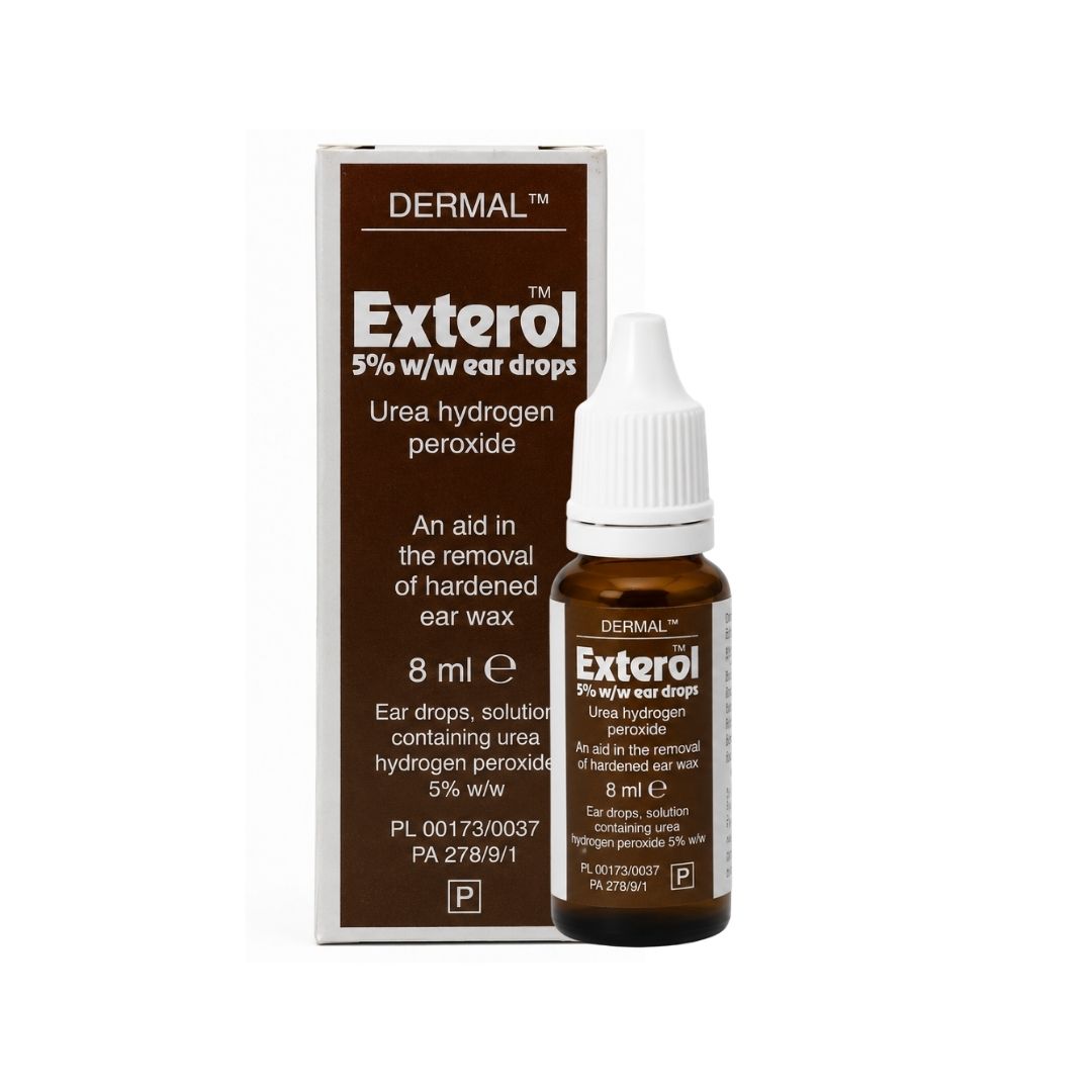 Exterol 5% w/w Ear Drops 8ml packaging and dropper on a white background