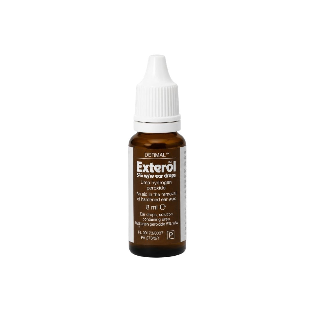 Exterol 5% w/w Ear Drops 8ml dropper on a white background