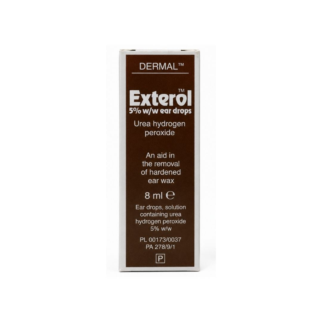 Exterol 5% w/w Ear Drops 8ml packaging on a white background