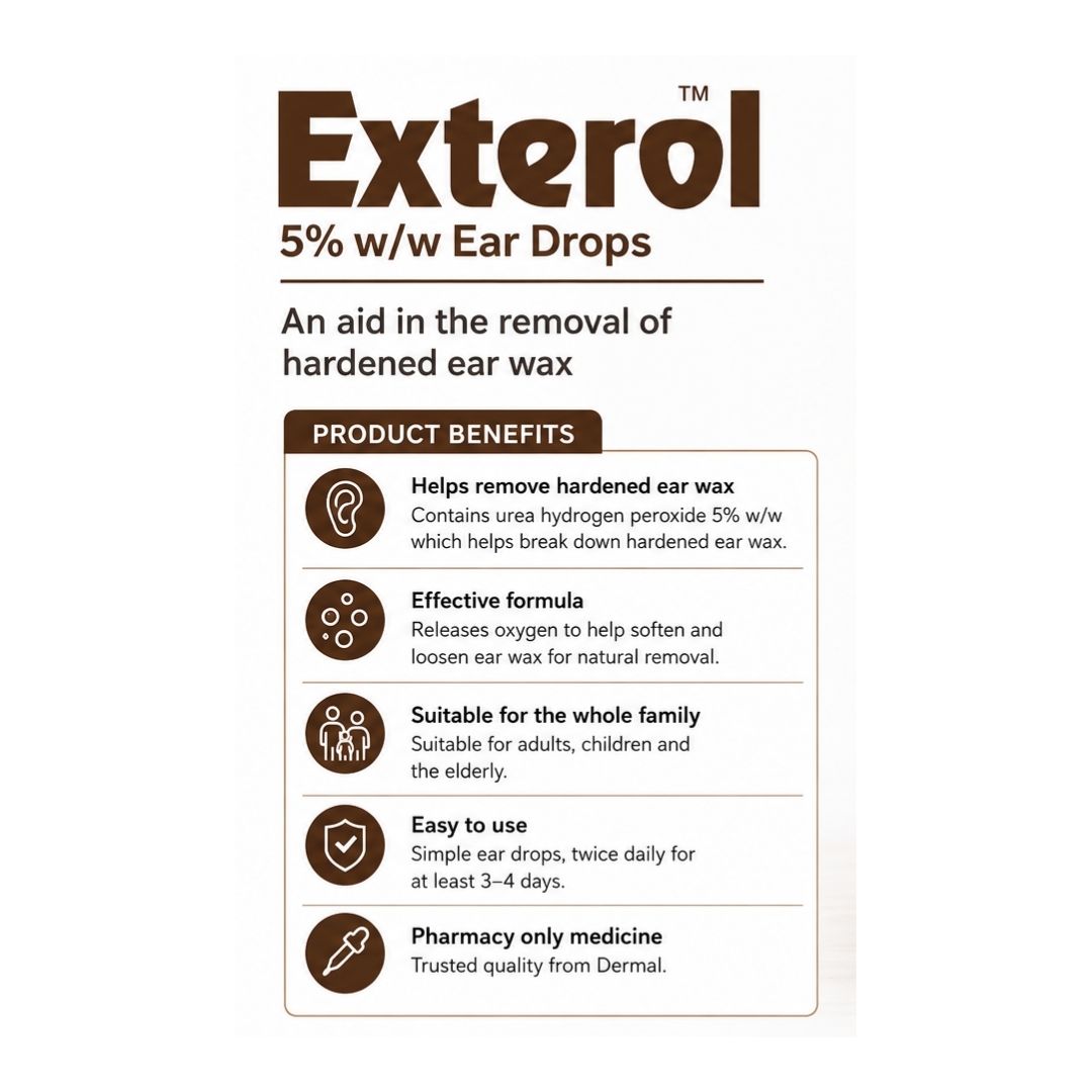 Exterol 5% w/w Ear Drops 8ml product benefits graphic on a white background