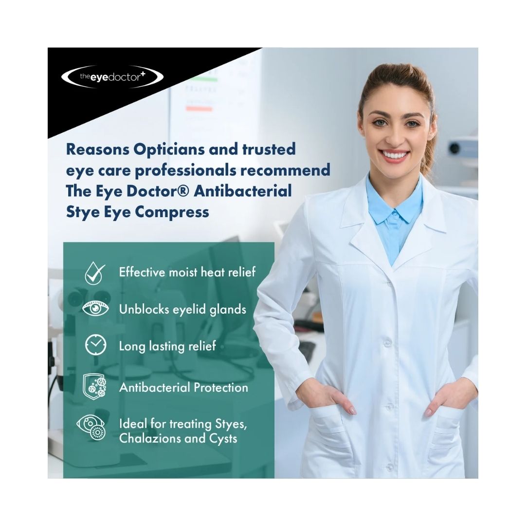 Eye Doctor Antibacterial Stye Relief product benefits on a laboratory background