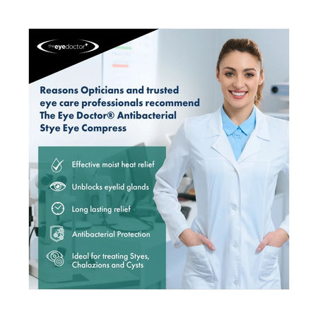 Eye Doctor Antibacterial Stye Relief product benefits on a laboratory background