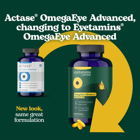 Two bottles of Actase OmegaEye Advanced and Eyetamins OmegaEye Advanced on a green background with text about the product change.
