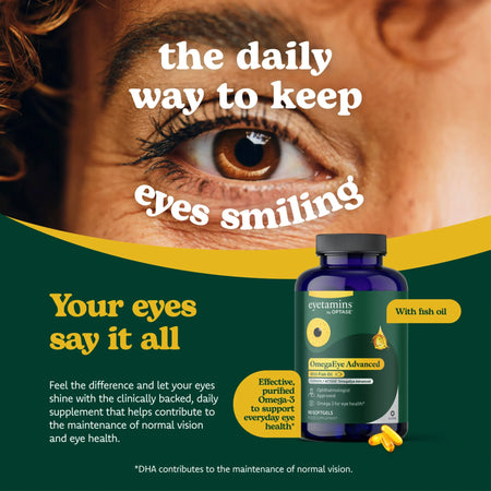 Advertisement for eye health supplement with close-up of eye and product packaging.