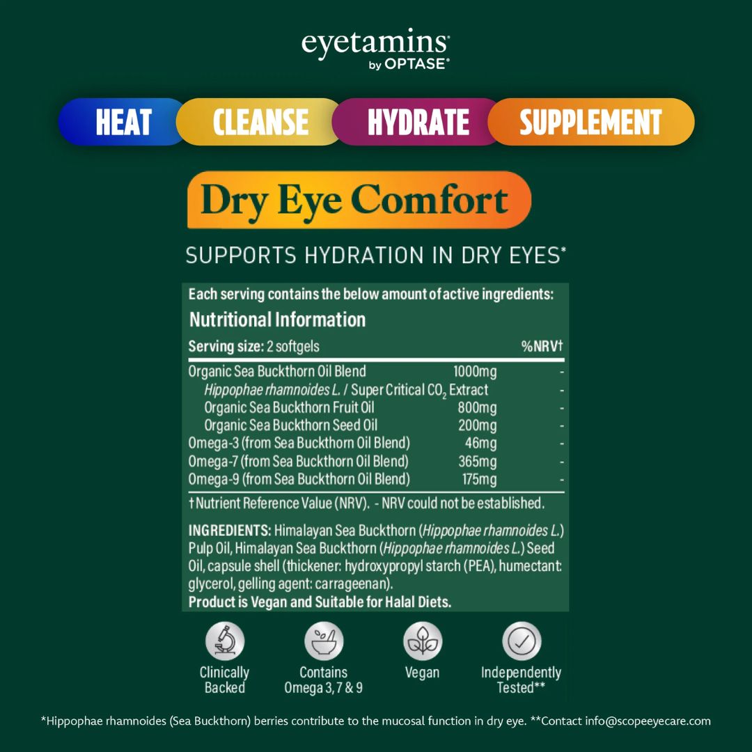 Optase Eyetamins Dry Eye Comfort 60 Softgels nutritional information chart