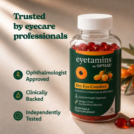 Optase Eyetamins Dry Eye Comfort 60 Softgels - 'Trusted by eyecare professionals' graphic