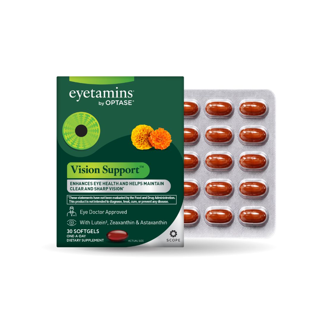 Eyetamins Vision Support Supplement packaging alongside capsules
