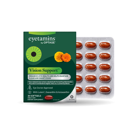 Eyetamins Vision Support Supplement packaging alongside capsules