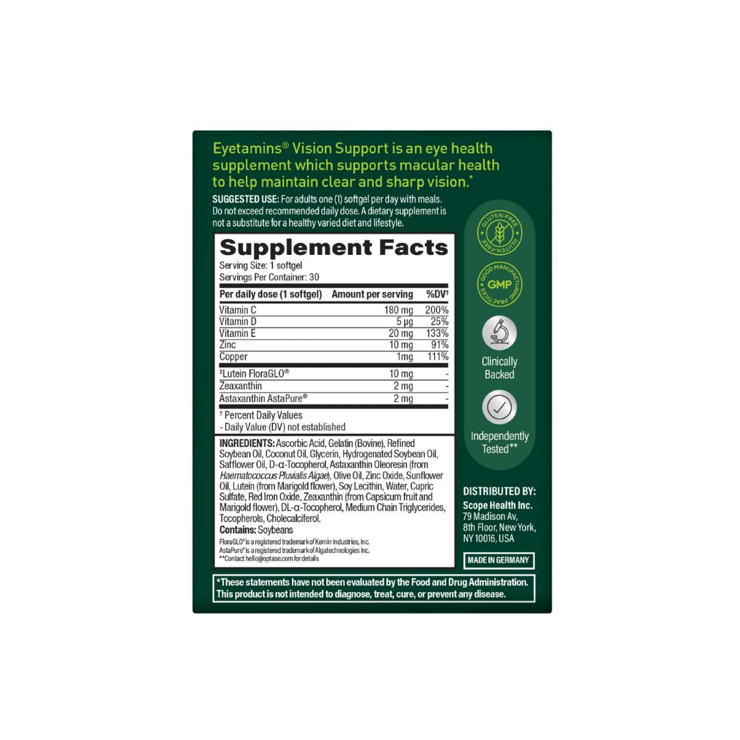 Eyetamins Vision Support Supplement rear of container with nutritional information displayed
