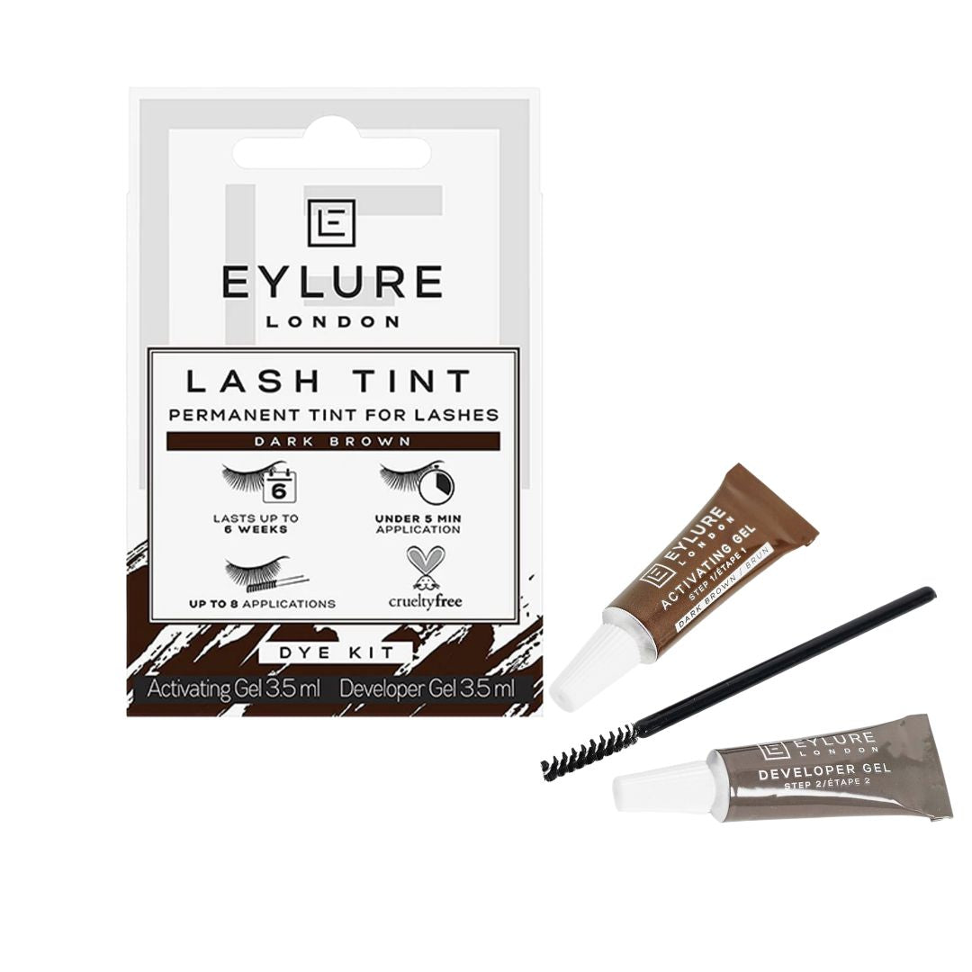 Eylure London Lash Tint Dark Brown and contents on a white background