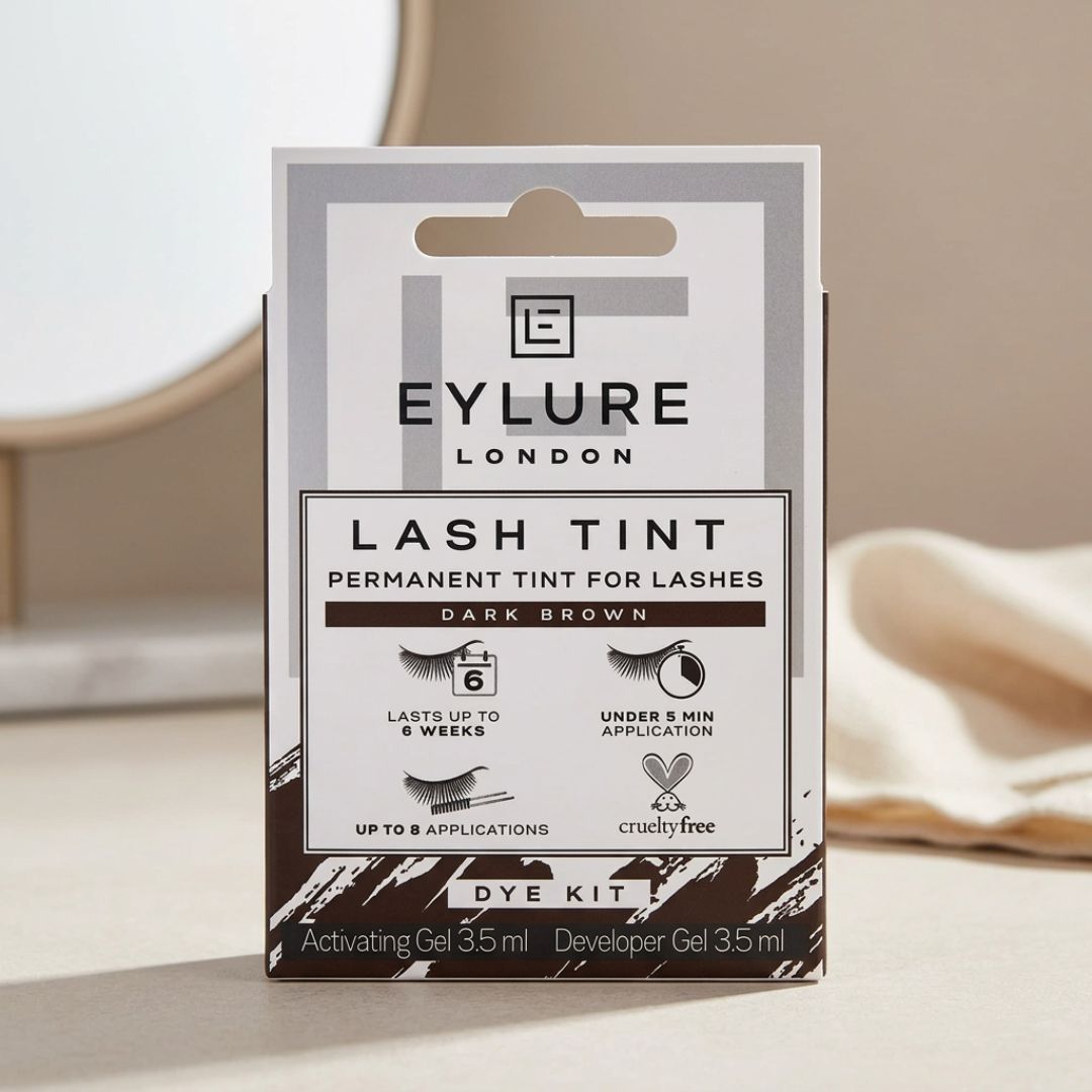 Eylure London Lash Tint Dark Brown on a dresser
