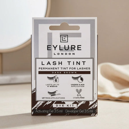 Eylure London Lash Tint Dark Brown on a dresser