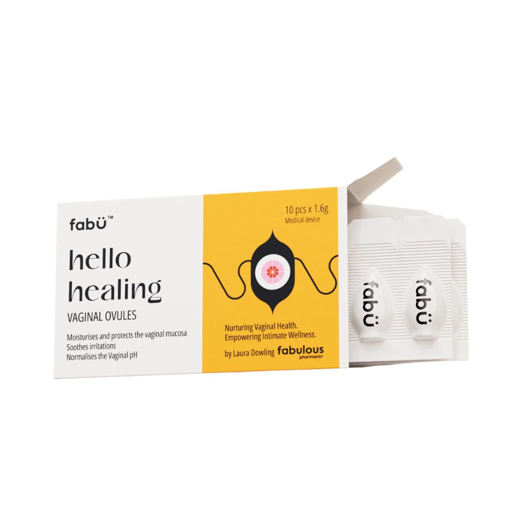 fabÜ Hello Healing Vaginal Ovules packaging (side angle) with ovules on a white background