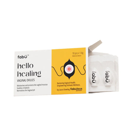 fabÜ Hello Healing Vaginal Ovules packaging (side angle) with ovules on a white background