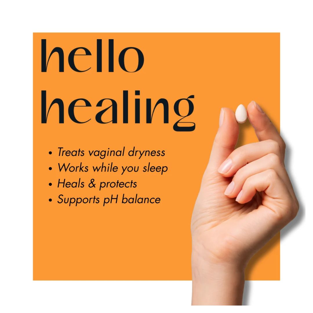fabÜ Hello Healing Vaginal Ovules product benefits on an orange background