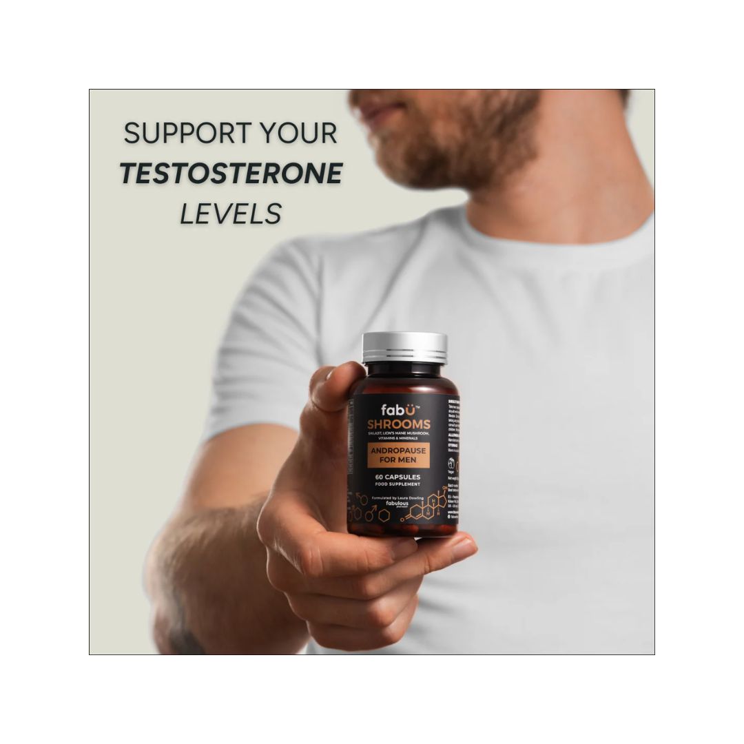 Fabu Shrooms Andropause For Men 60 Capsules being held by a man
