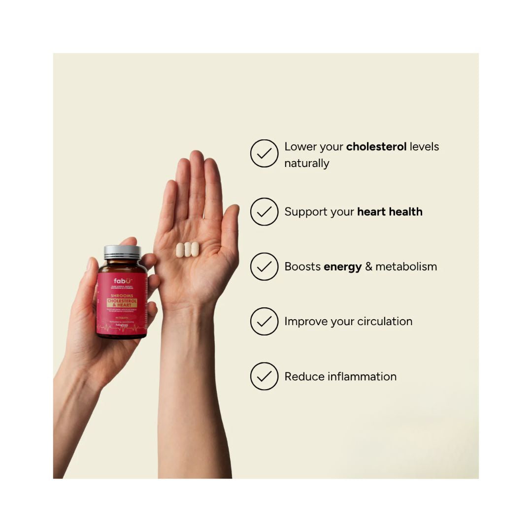 Fabu Schrooms Cholesterol Tabs  key bulletpoints graphic