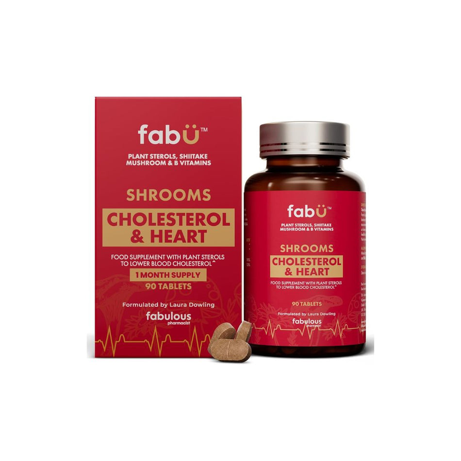 Fabu Schrooms Cholesterol Tabs Packaging and Bottle on a white background