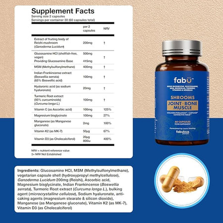 Supplement bottle labeled 'fabu' with supplement facts and ingredients listed on a beige and blue background.