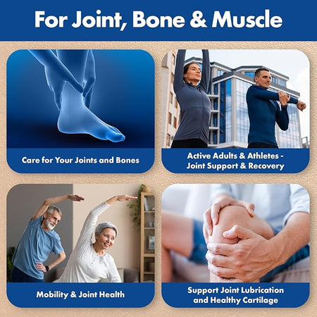 Promotional graphic for joint, bone, and muscle care with images of people exercising and a foot X-ray.