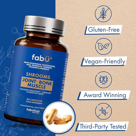 Supplement bottle labeled 'fabü' with health benefits on a blue and beige background