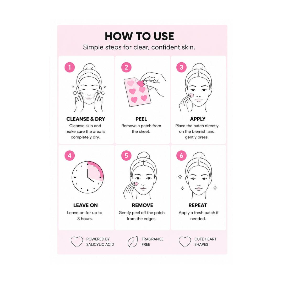 Face Facts Blemish Patches Hearts (24 Pack) 'HOW TO USE' infographic
