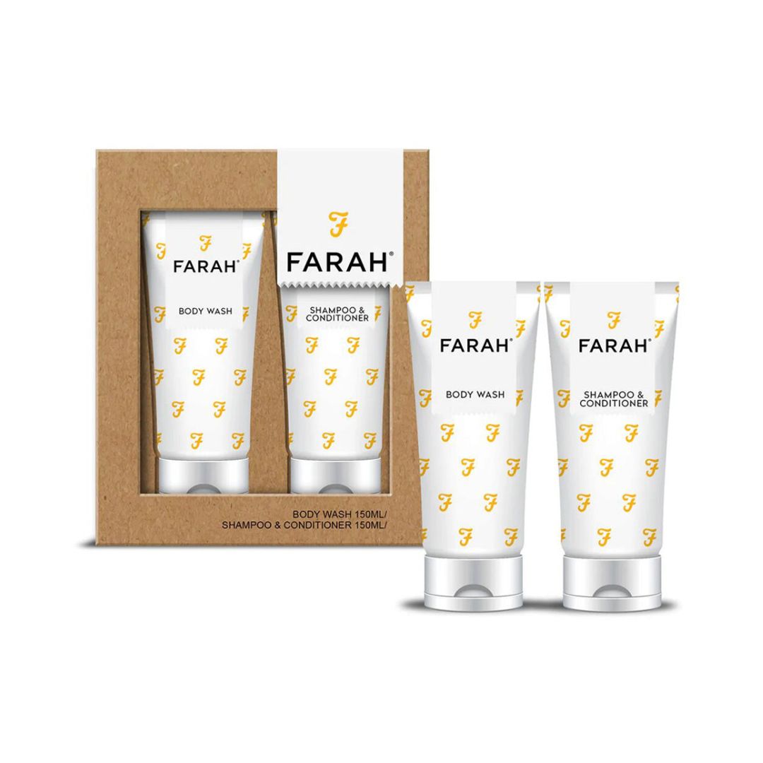 Farah Body Wash Shampoo and Conditioner Giftset and contents on a white background