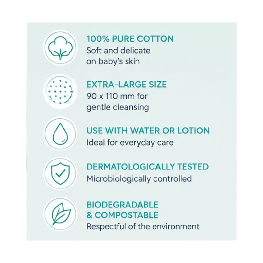 Farmacotone Bebè Maxi Cotton Pads product benefits graphic on a greebn background