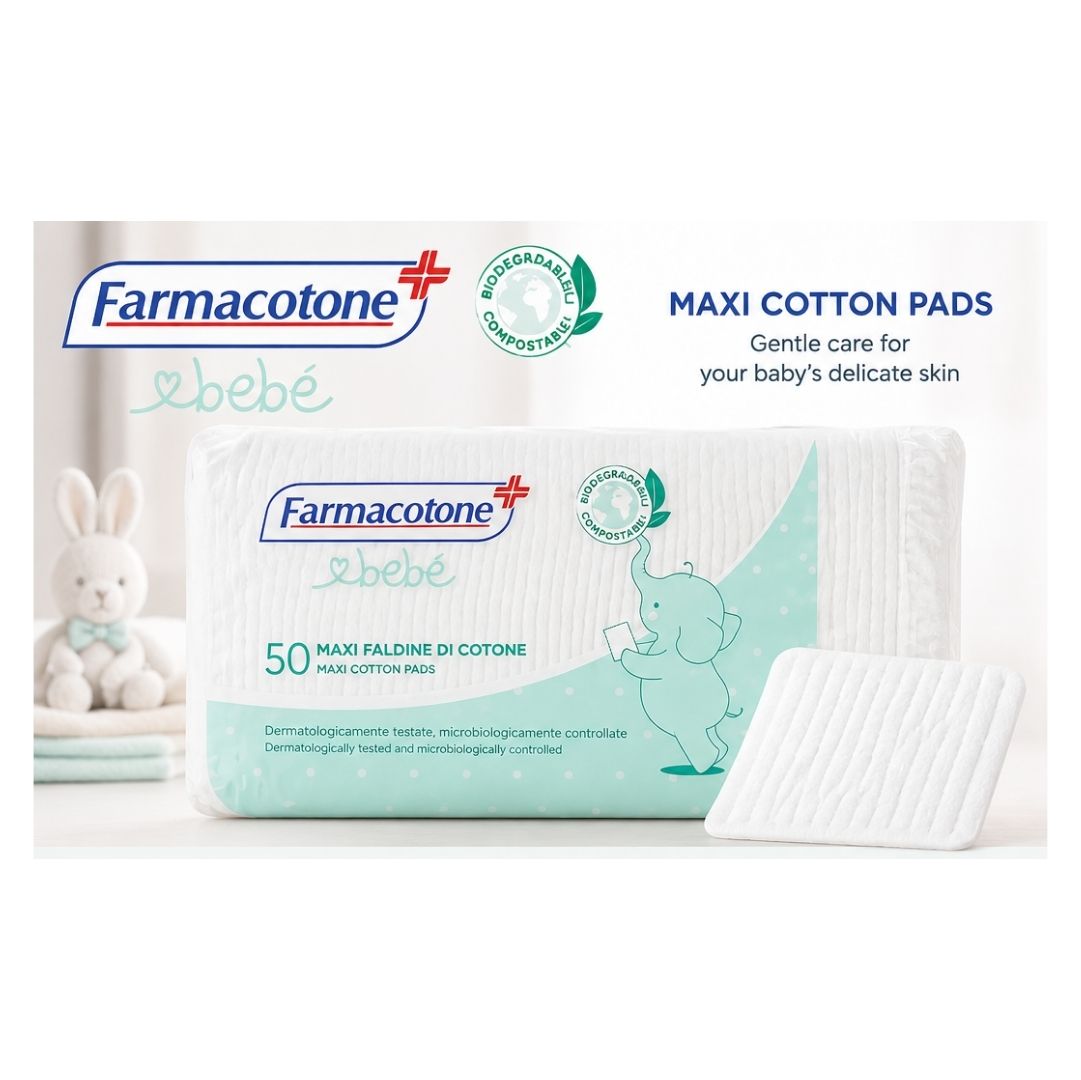 Farmacotone Bebè Maxi Cotton Pads 50 Pack on a child's bedroom background