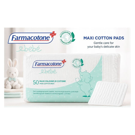 Farmacotone 'bebé' maxi cotton pads packaging with a single white cotton pad shown in front, on a clean white background with a small bunny decoration.
