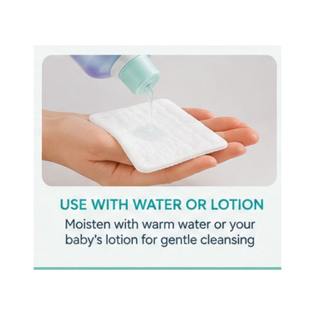 Instruction graphic showing a hand holding a square white cleansing pad while liquid is being poured onto it from a bottle. Text below reads: 'USE WITH WATER OR LOTION' and 'Moisten with warm water or your baby's lotion for gentle cleansing.