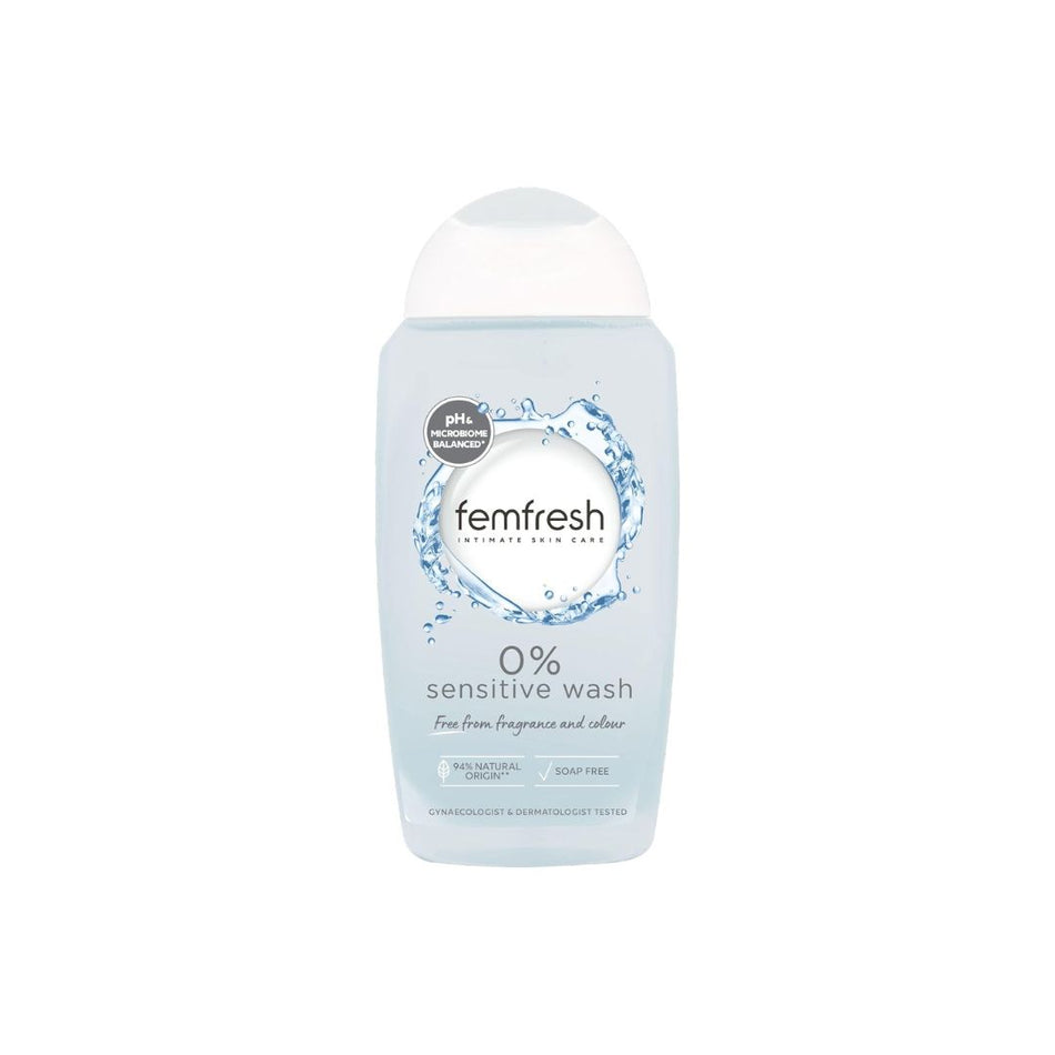 Femfresh 0% Sensitive Intimate Wash 250ml bottle on a white background