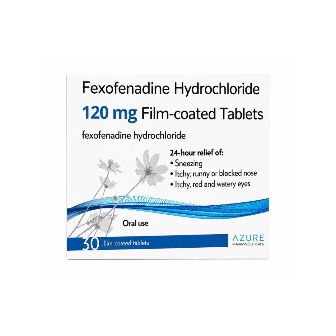 Fexofenadine Hydrochloride 120mg Film-Coated 30 Tablets packaging on a white background