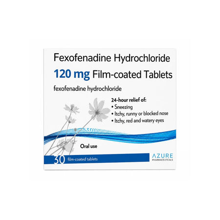 Fexofenadine Hydrochloride 120mg Film-Coated 30 Tablets packaging on a white background