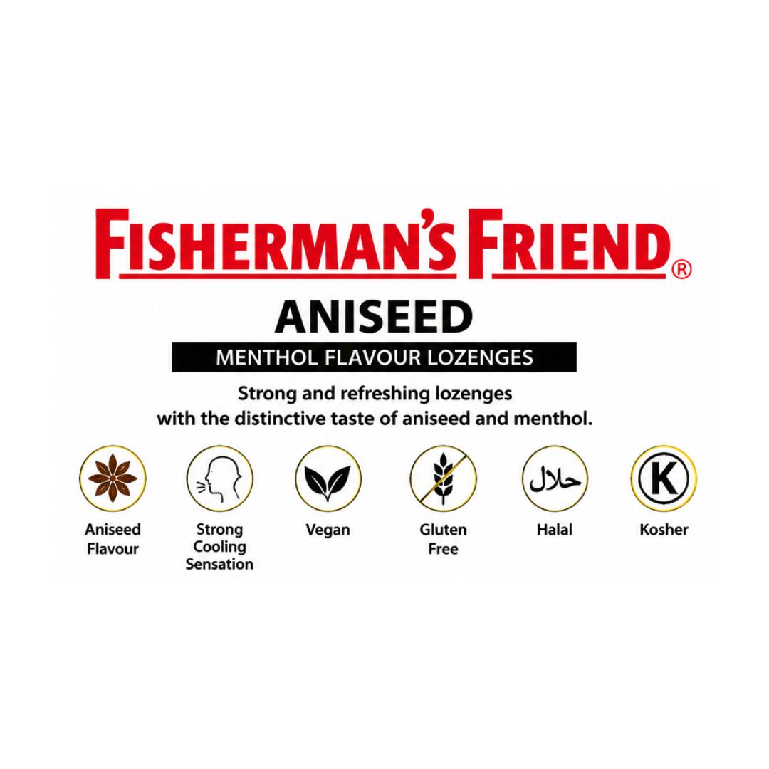 Fisherman's Friend Aniseed Lozenges product information graphic on a white background