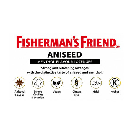 Fisherman's Friend Aniseed Lozenges product information graphic on a white background