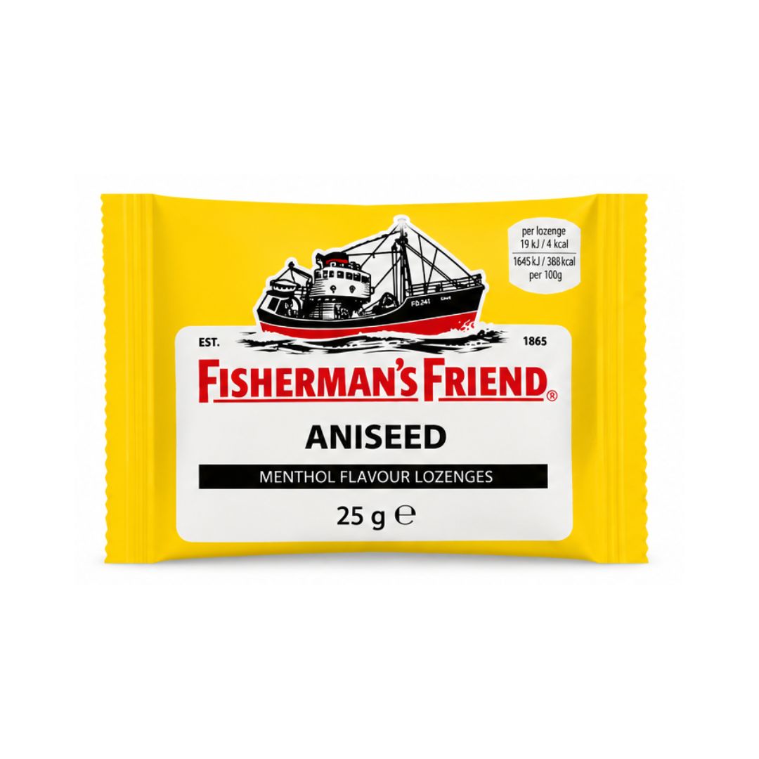 Fisherman's Friend Aniseed Lozenges 25g packet on a white background