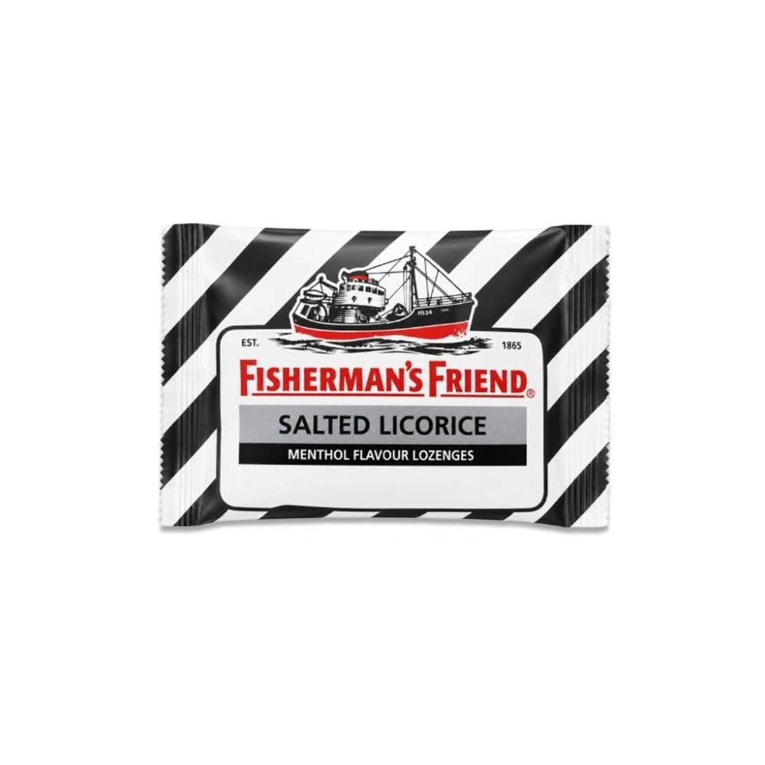 Fisherman's Friend Salted Liquorice Lozenges packet on a white background