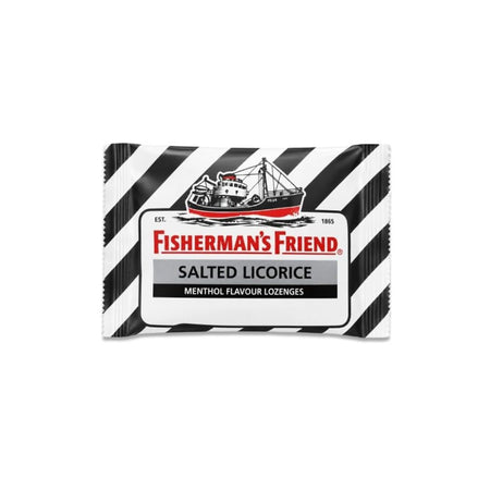 Fisherman's Friend Salted Liquorice Lozenges packet on a white background