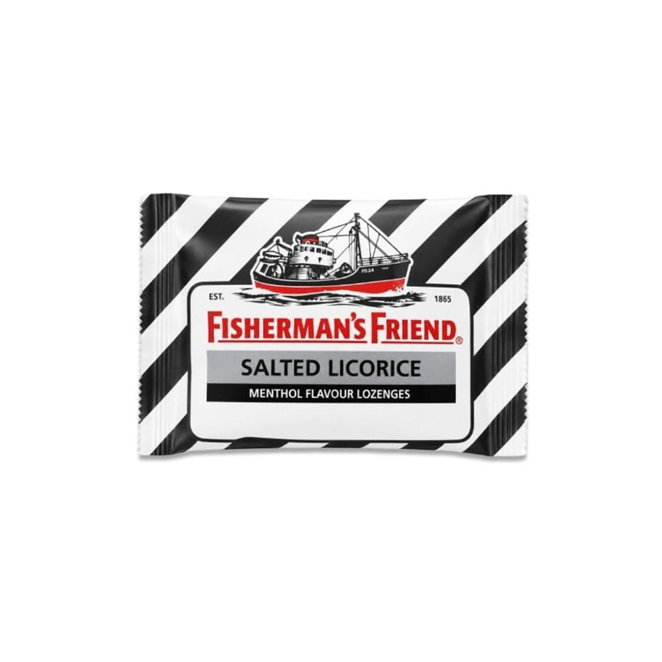 Fisherman's Friend Salted Liquorice Lozenges packet on a white background