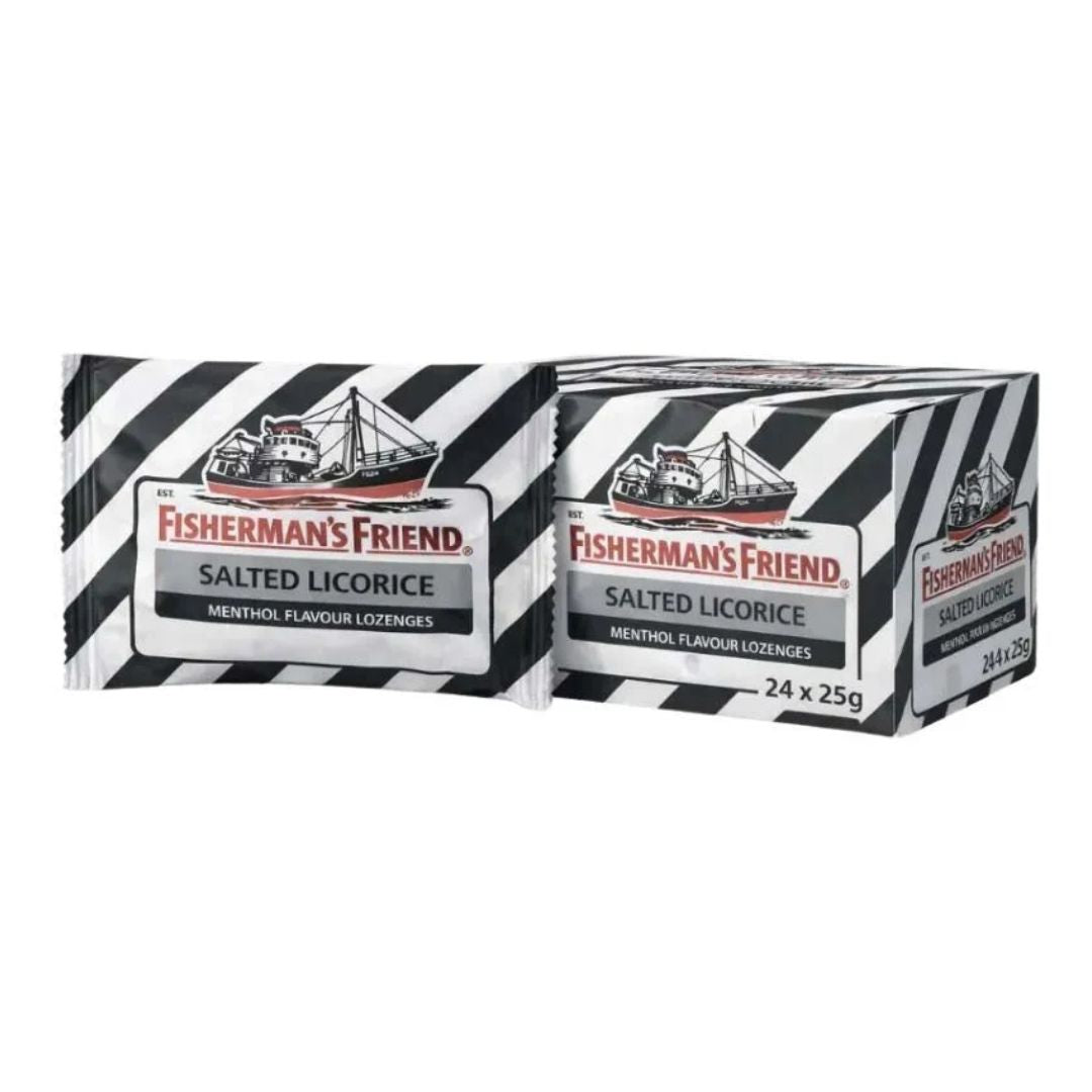 Fisherman's Friend Salted Liquorice Lozenges packet and box on a white background