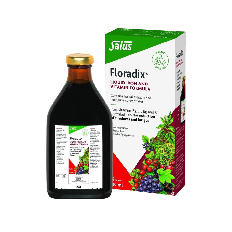 Salus Haus Floradix Liquid Vitamin 500ml container and packaging on a white background