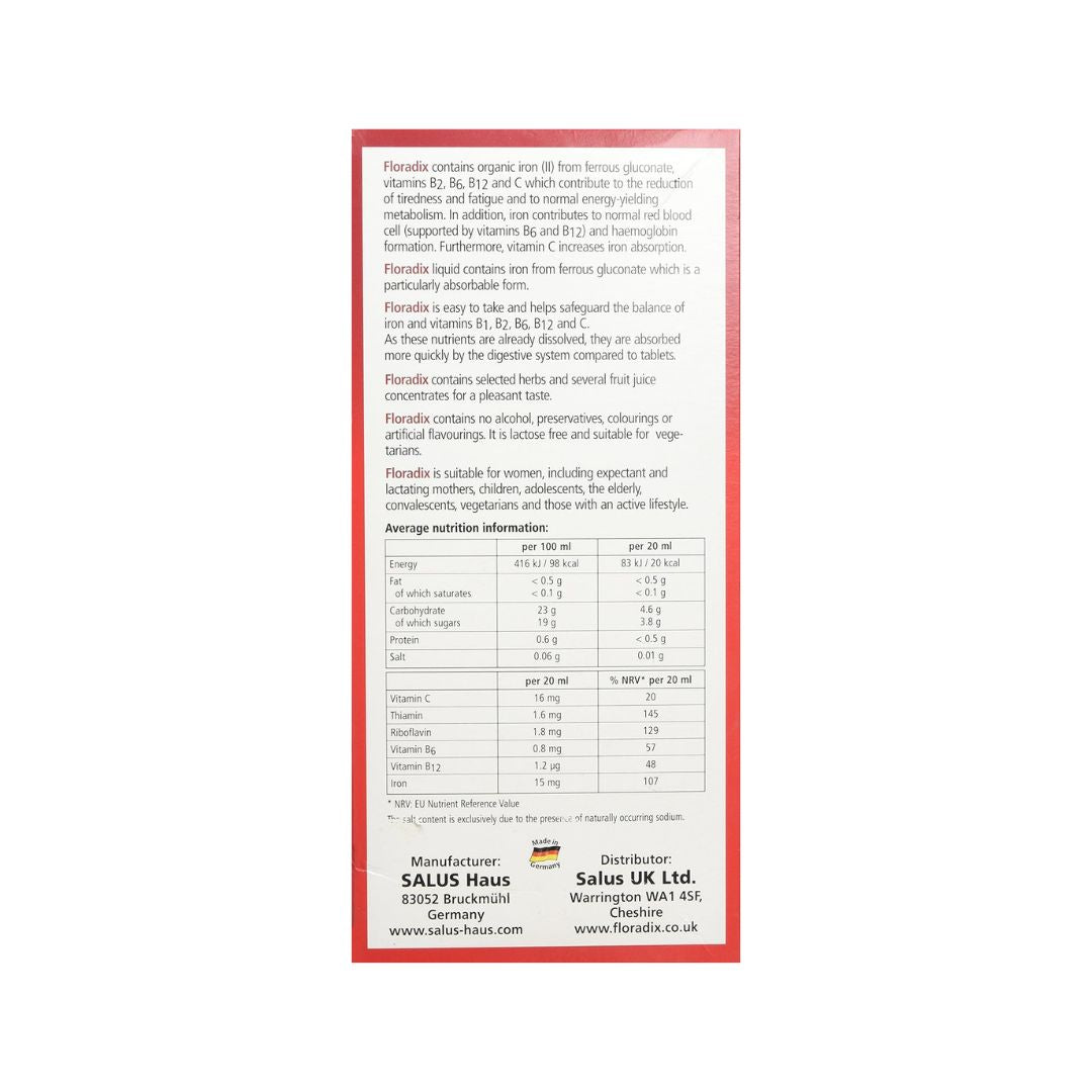 Salus Haus Floradix Liquid Vitamin 500ml container (rear view) on a white background