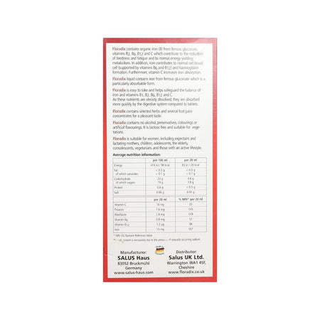 Salus Haus Floradix Liquid Vitamin 500ml container (rear view) on a white background