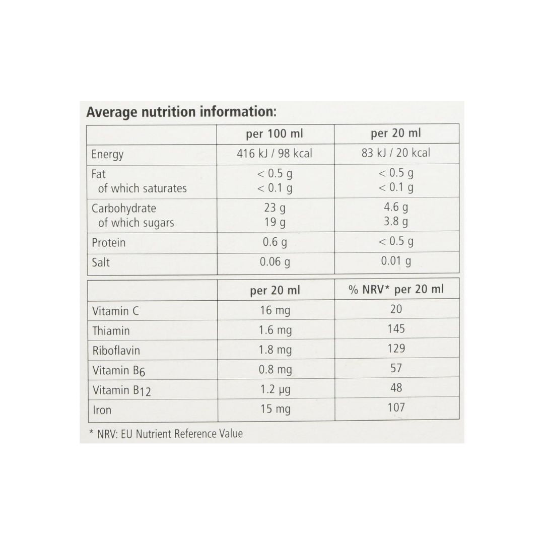 Salus Haus Floradix Liquid Vitamin 500ml nutritional information on a white background