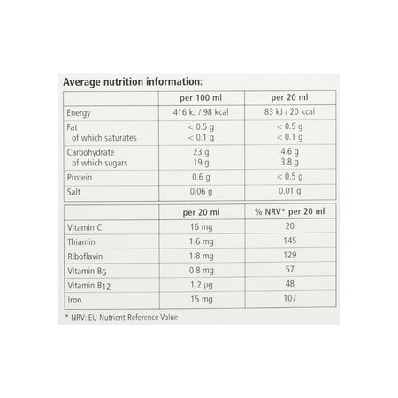 Salus Haus Floradix Liquid Vitamin 500ml nutritional information on a white background
